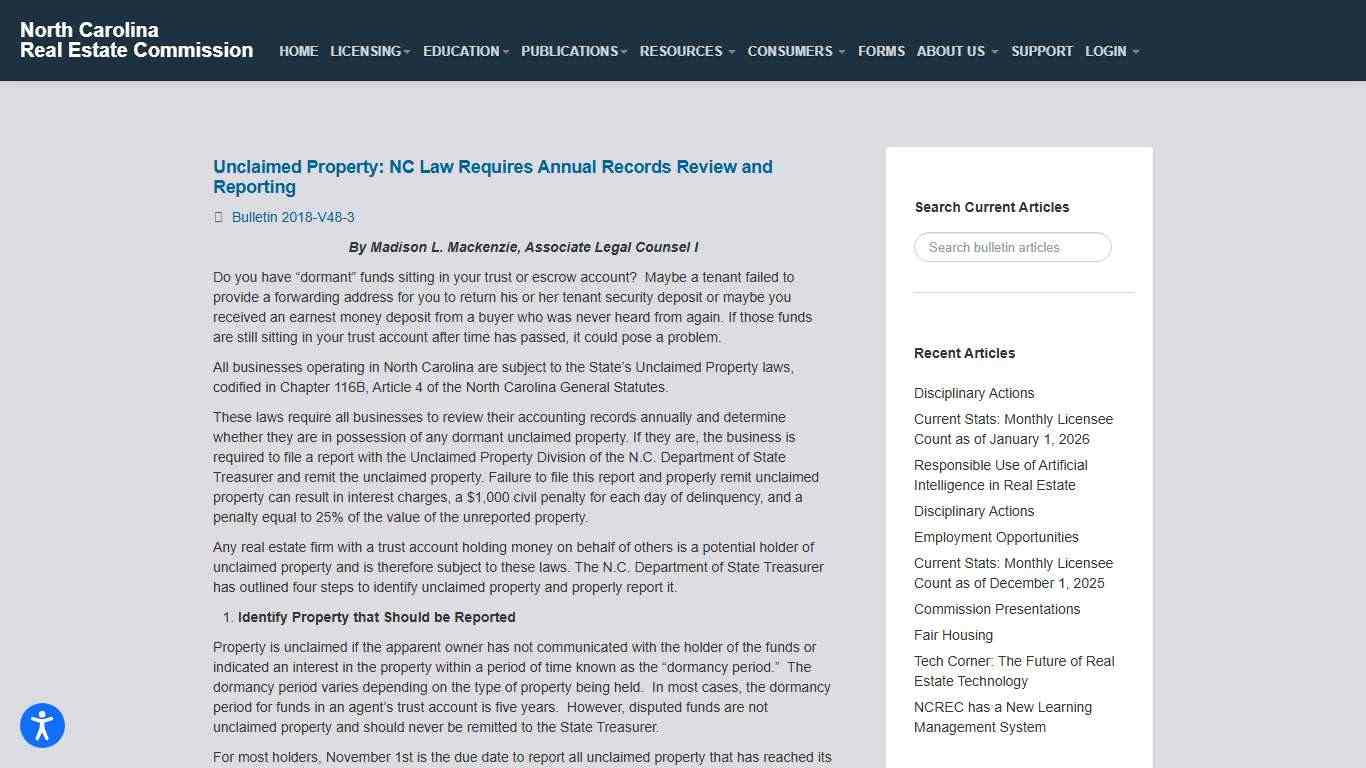 NCREC Bulletins – Unclaimed Property: NC Law Requires Annual Records Review and Reporting